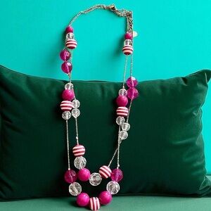Pink and White Beaded Necklace on Silver Tone Chain